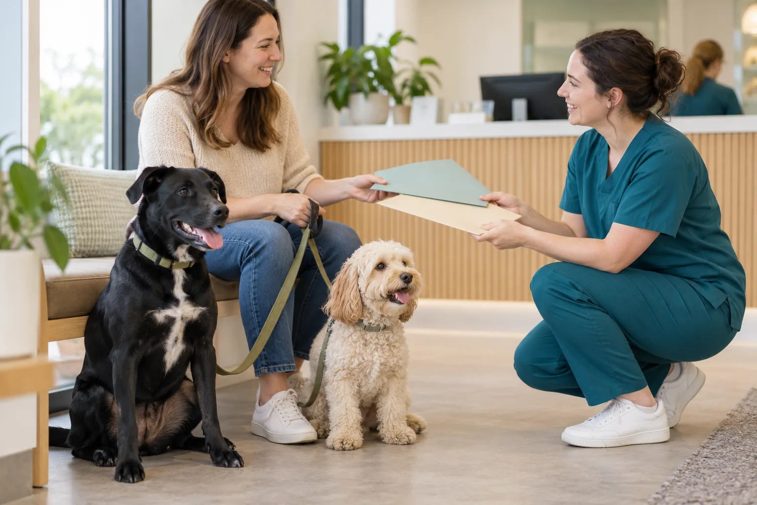 Owner discussing paperwork with a veterinary professional beside two dogs